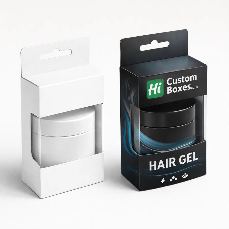 A plain white and a branded black hanging retail box with a clear plastic window- class=